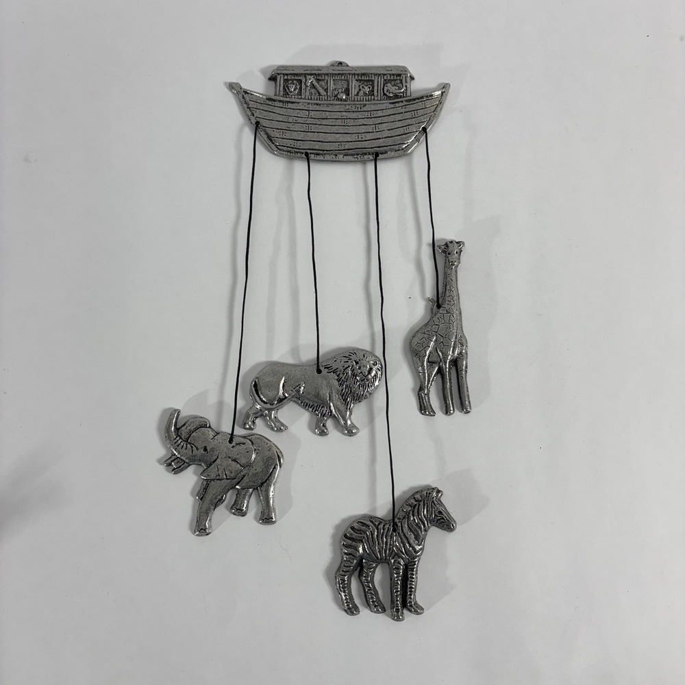 VTG Noah's Ark Pewter Wind Chime Hanging Mobile Giraffe Elephant Zebra Lion